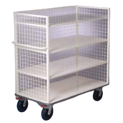 TROLLEY IMPREST, 4 SHELVES AND MESH BACK AND SIDES- 1100 X 630 X 1300MM