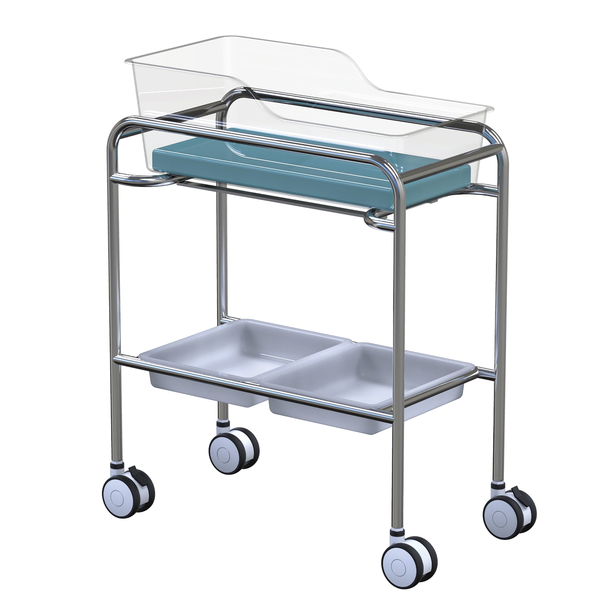 BASSINET TROLLEY - SINGLE - STAINLESS STEEL FRAME ONLY 800 x 415 x 910MM (USE AX607-KIT)