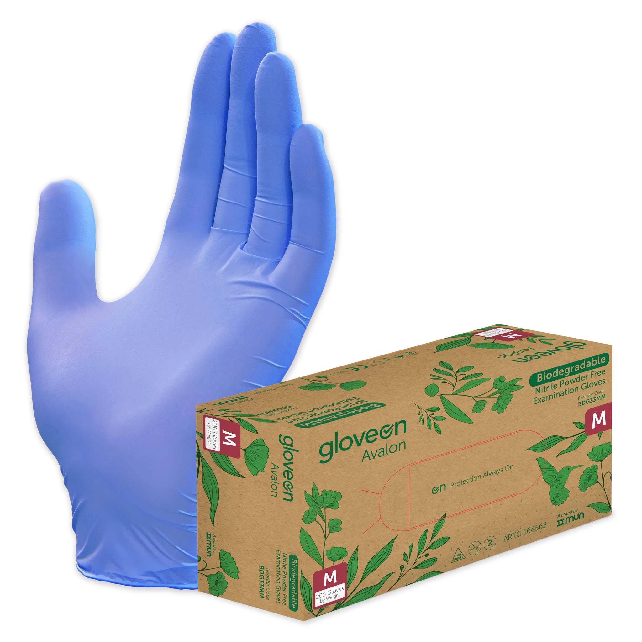 Biodegradable Nitrile Exam Gloves, Powder Free, Non-Sterile, Fingertip Textured, Standard Cuff, Violet Blue - Box of 200, M