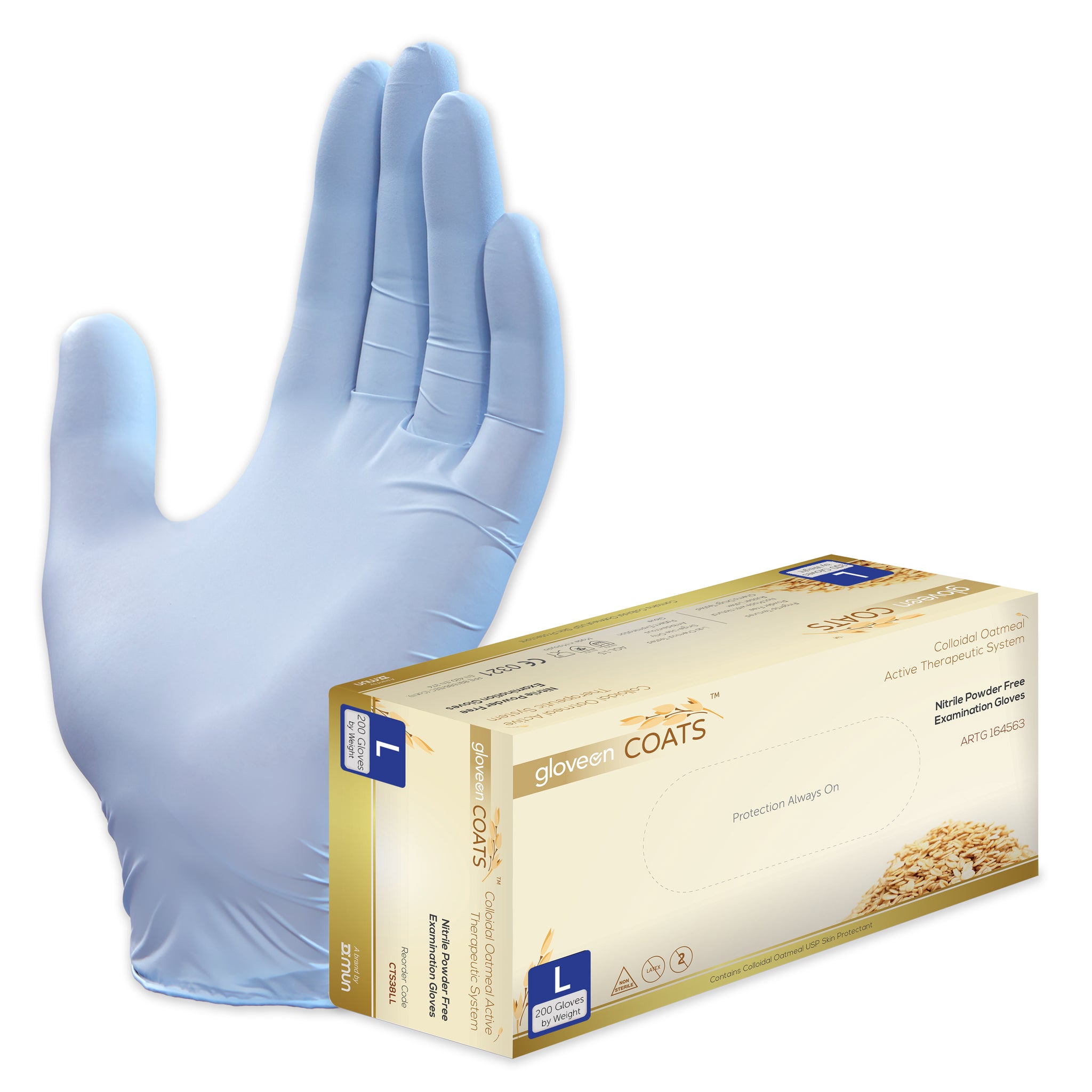 Nitrile Exam Gloves with Colloidal Oatmeal System, Powder Free, Non-Sterile, Fingertip Textured, Colloidal Oats Coated, Standard Cuff, Dawn Blue - Box of 200, L