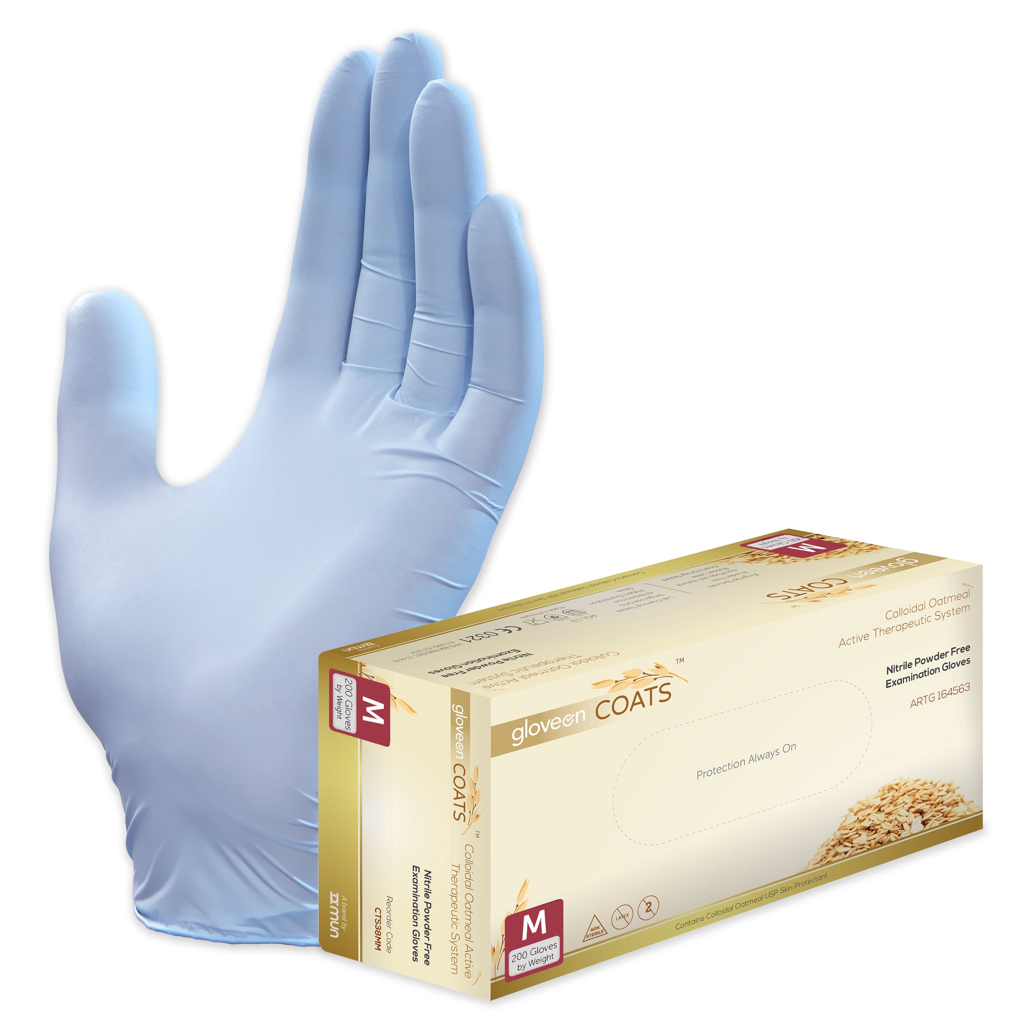 Nitrile Exam Gloves with Colloidal Oatmeal System, Powder Free, Non-Sterile, Fingertip Textured, Colloidal Oats Coated, Standard Cuff, Dawn Blue - Box of 200, M