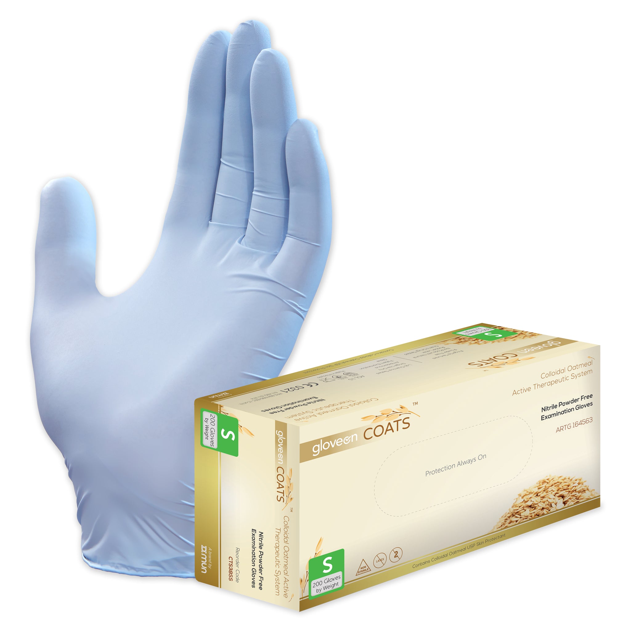 Nitrile Exam Gloves with Colloidal Oatmeal System, Powder Free, Non-Sterile, Fingertip Textured, Colloidal Oats Coated, Standard Cuff, Dawn Blue - Box of 200, S