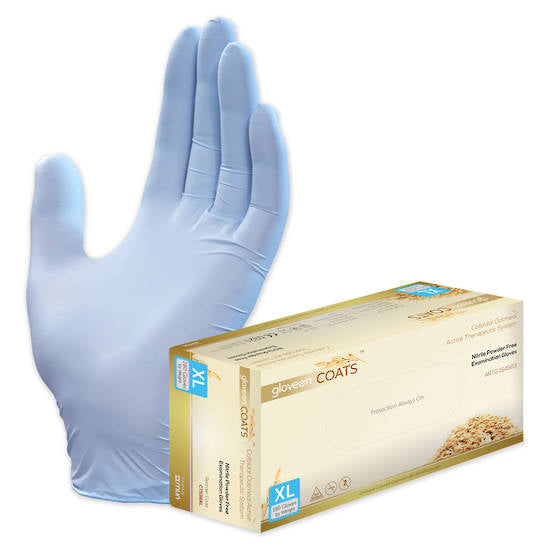 Nitrile Exam Gloves with Colloidal Oatmeal System, Powder Free, Non-Sterile, Fingertip Textured, Colloidal Oats Coated, Standard Cuff, Dawn Blue - Box of 180, XL