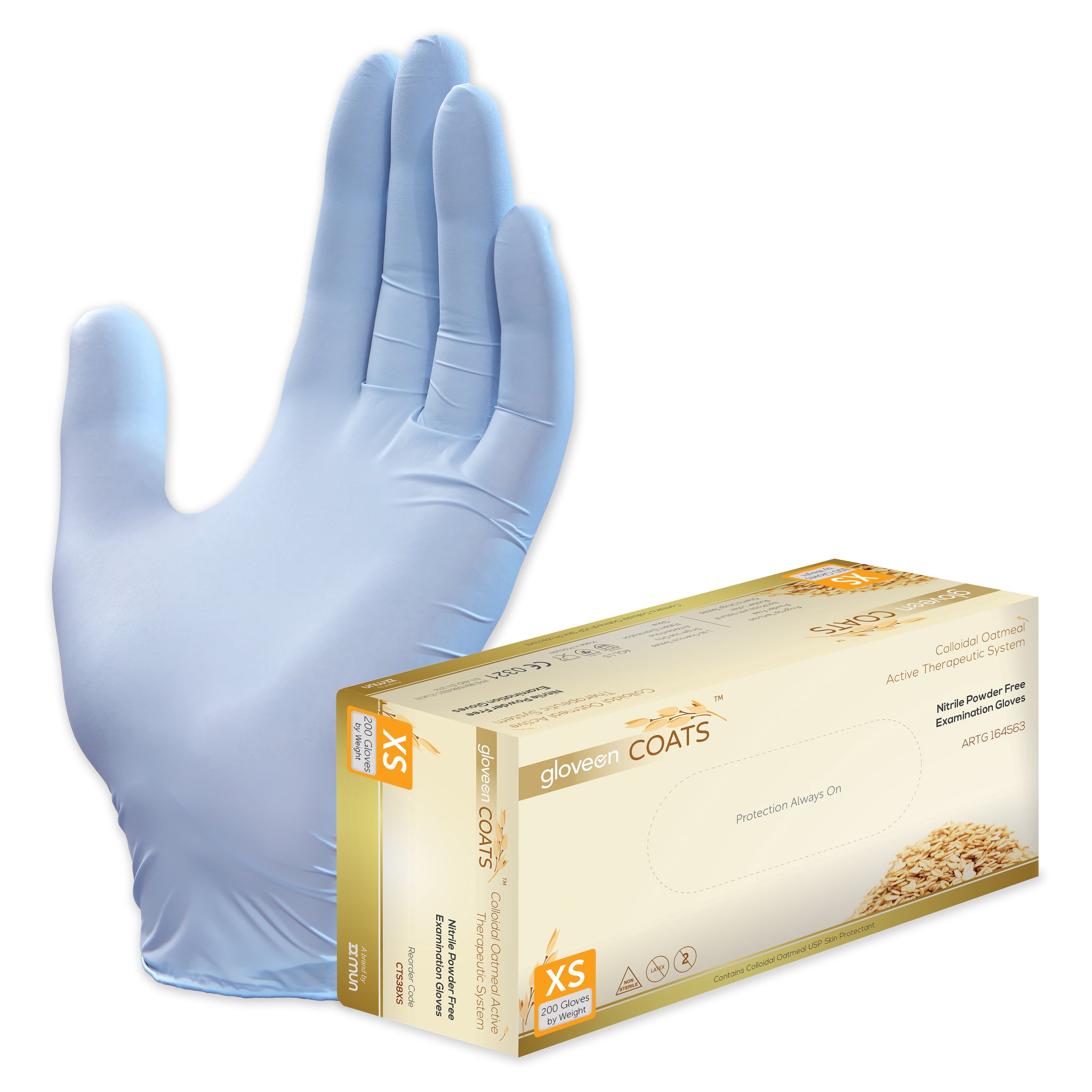 Nitrile Exam Gloves with Colloidal Oatmeal System, Powder Free, Non-Sterile, Fingertip Textured, Colloidal Oats Coated, Standard Cuff, Dawn Blue - Box of 200, XS