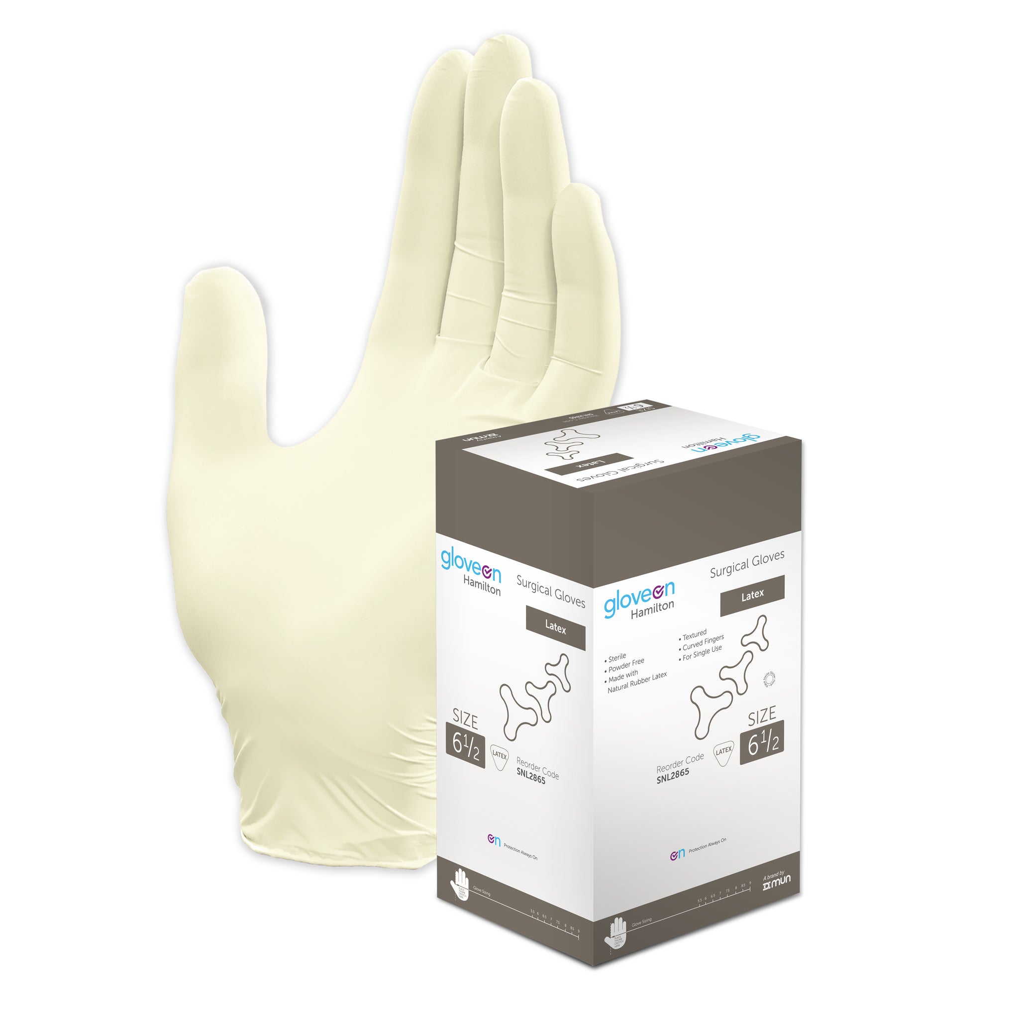 Latex, Powder Free, Textured, Curved Fingers, Sterile, Natural Colour - Box of 100, 6.5