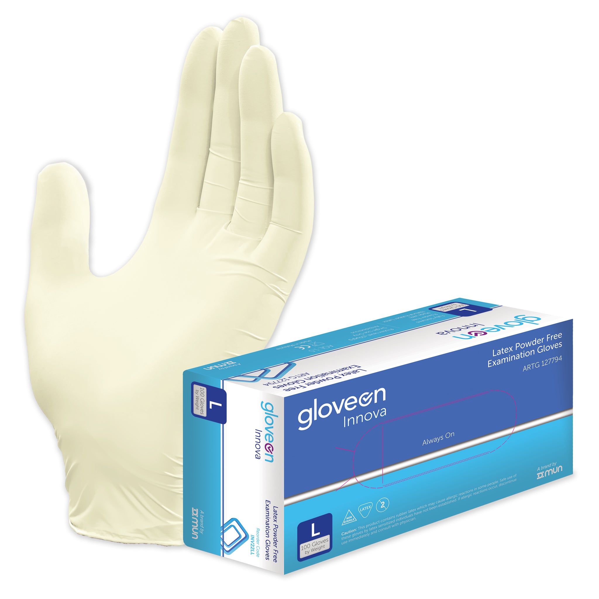 Exam Gloves, Powder Free, Non-Sterile, Fully Textured, Standard Cuff, Natural Colour - Box of 100, L