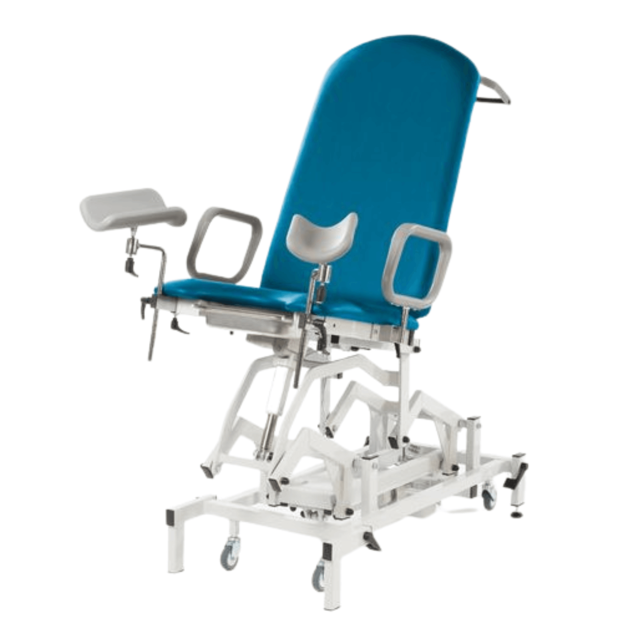 MEDICARE GYNAECOLOGY COUCH - ELECTRIC - WITH LEG SUPPORTS - RWD.  COLOUR: OCEAN BLUE