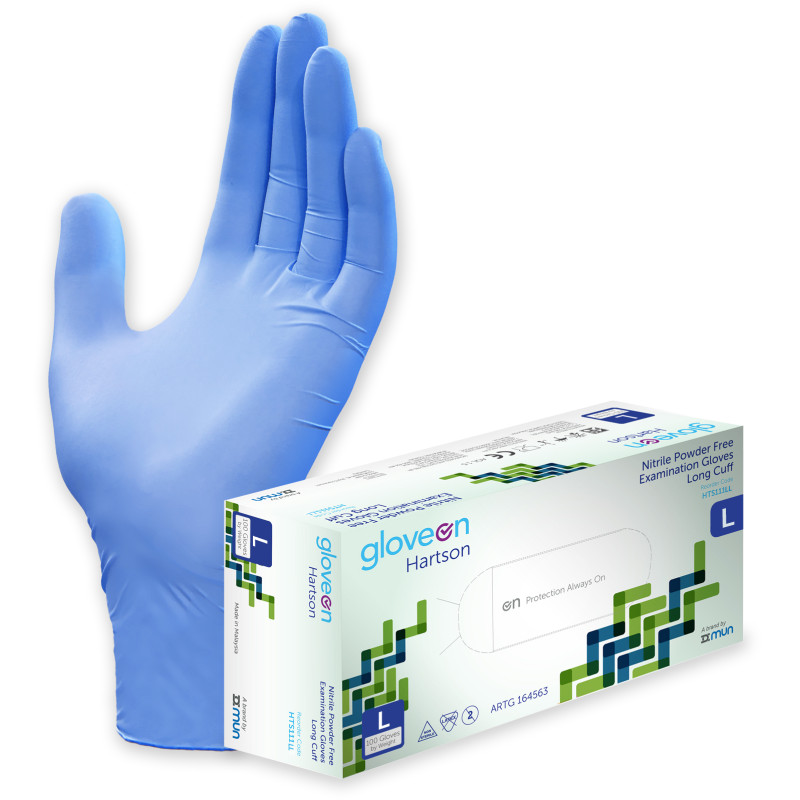 Nitrile Exam Gloves, Powder Free, Non-Sterile, Fingertip Textured, Long Cuff, Aqua Blue - Box of 100, L