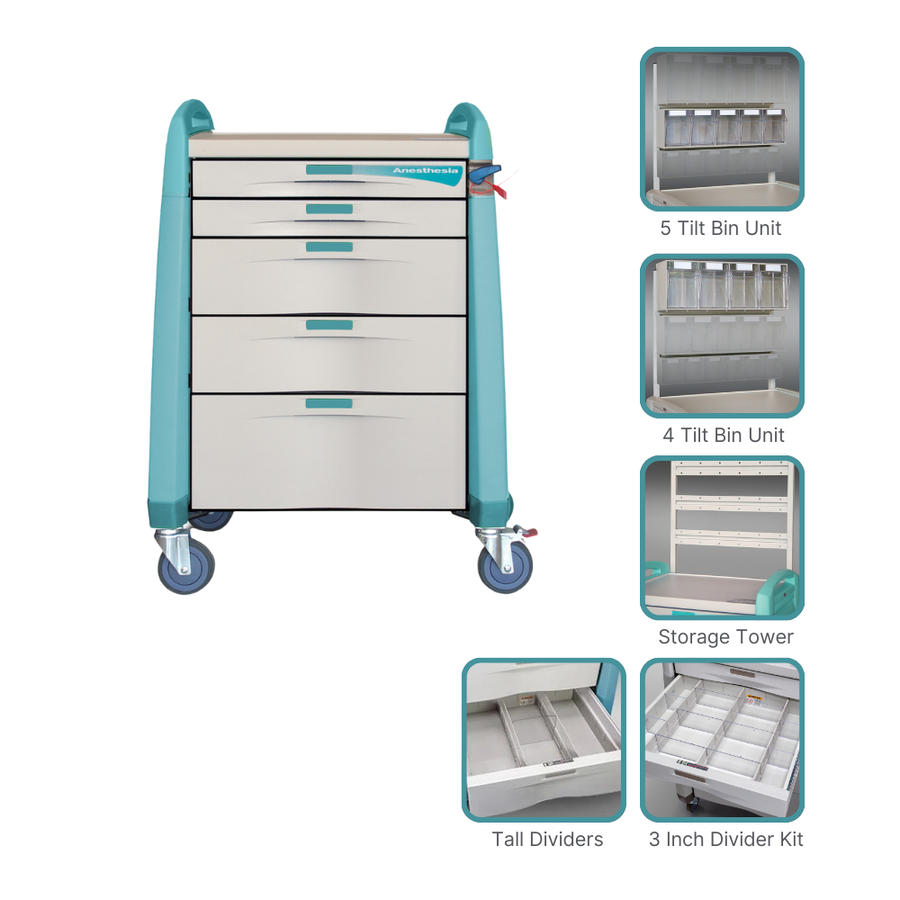 Avalo Package F- 9 High Anaesthetic Cart, Includes 4 & 5 Tilt Bin Units, Storage Tower & Divider Kits