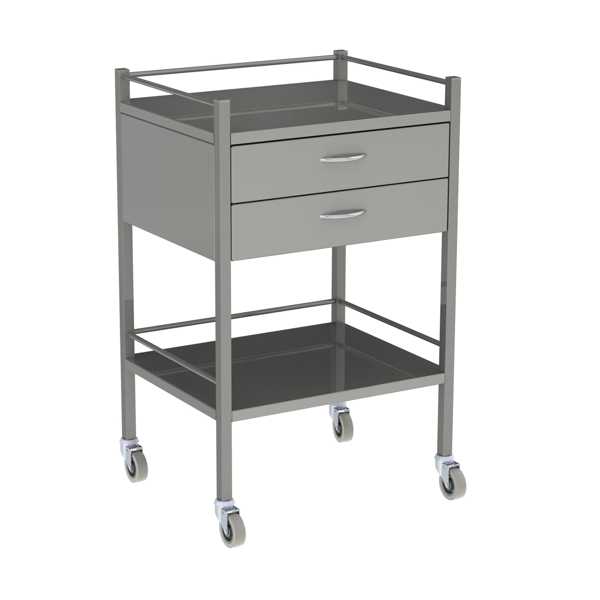 INSTRUMENT TROLLEY-600X490X900 100mm x 2 DRAWER W RAIL  2BR  SCDR