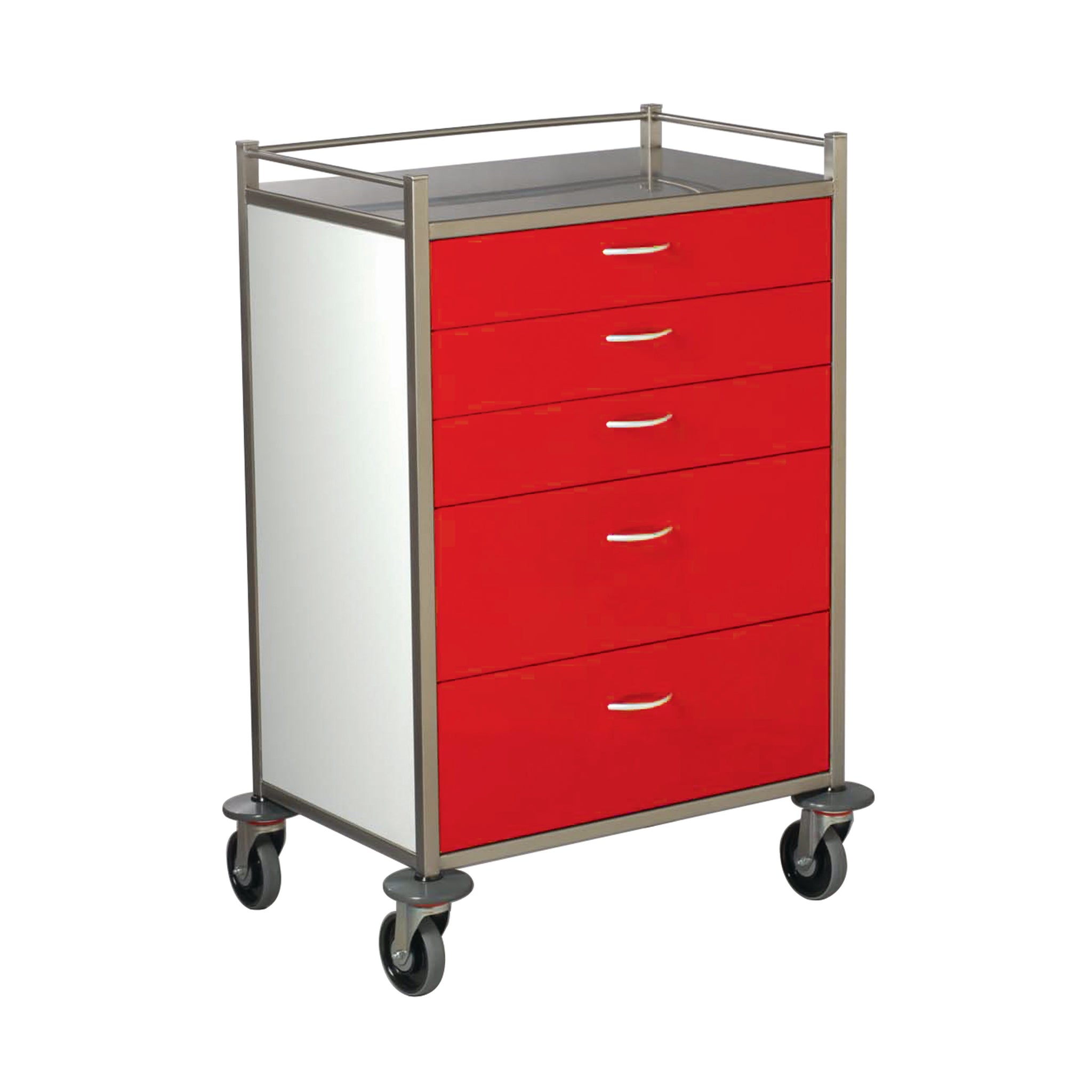EMERGENCY EQUIPMENT TROLLEY - 5 DRAWER RED  750mmW X 490mm X 1120mm 125MMCAST (2BR) SCDR