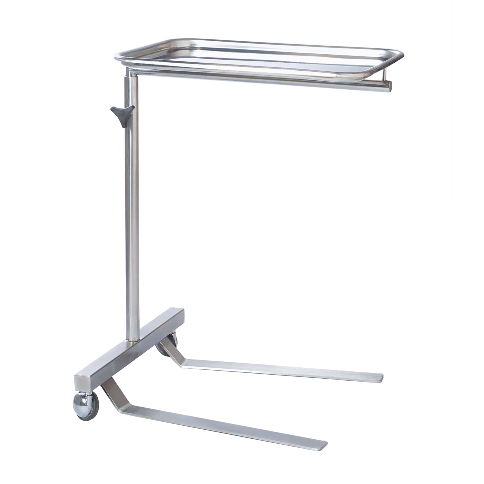 MAYO TABLE - HEIGHT 820-1120MM - 2 X LEG - 50M FLAT BASE  - STAINLESS STEEL - 75MM CASTORS