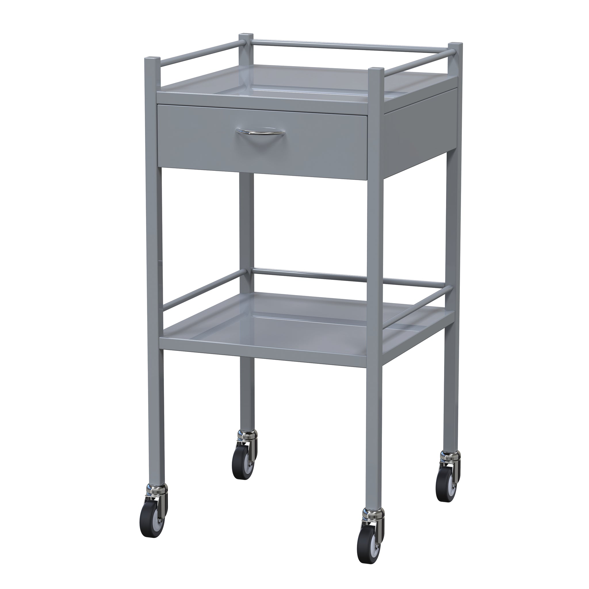 INSTRUMENT TROLLEY- 490 X 490 X 900MM - WITH 1 DRAWER & RAIL - EPOXY COATED
