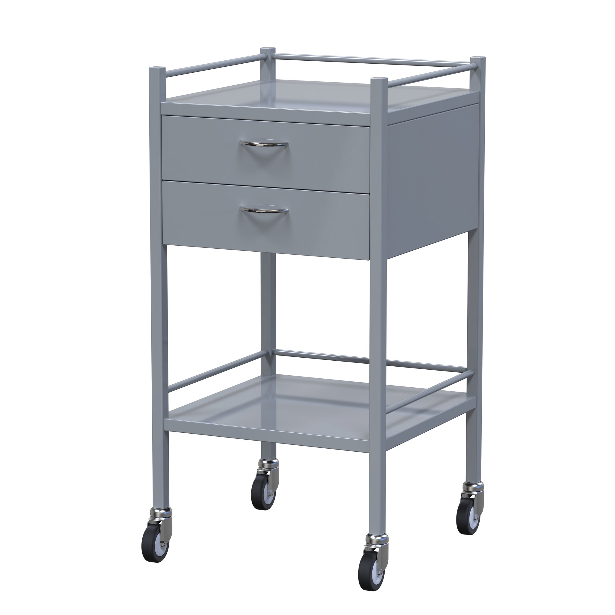 INSTRUMENT TROLLEY- 490 X 490 X 900MM - WITH 2 DRAWERS & RAIL - EPOXY COATED