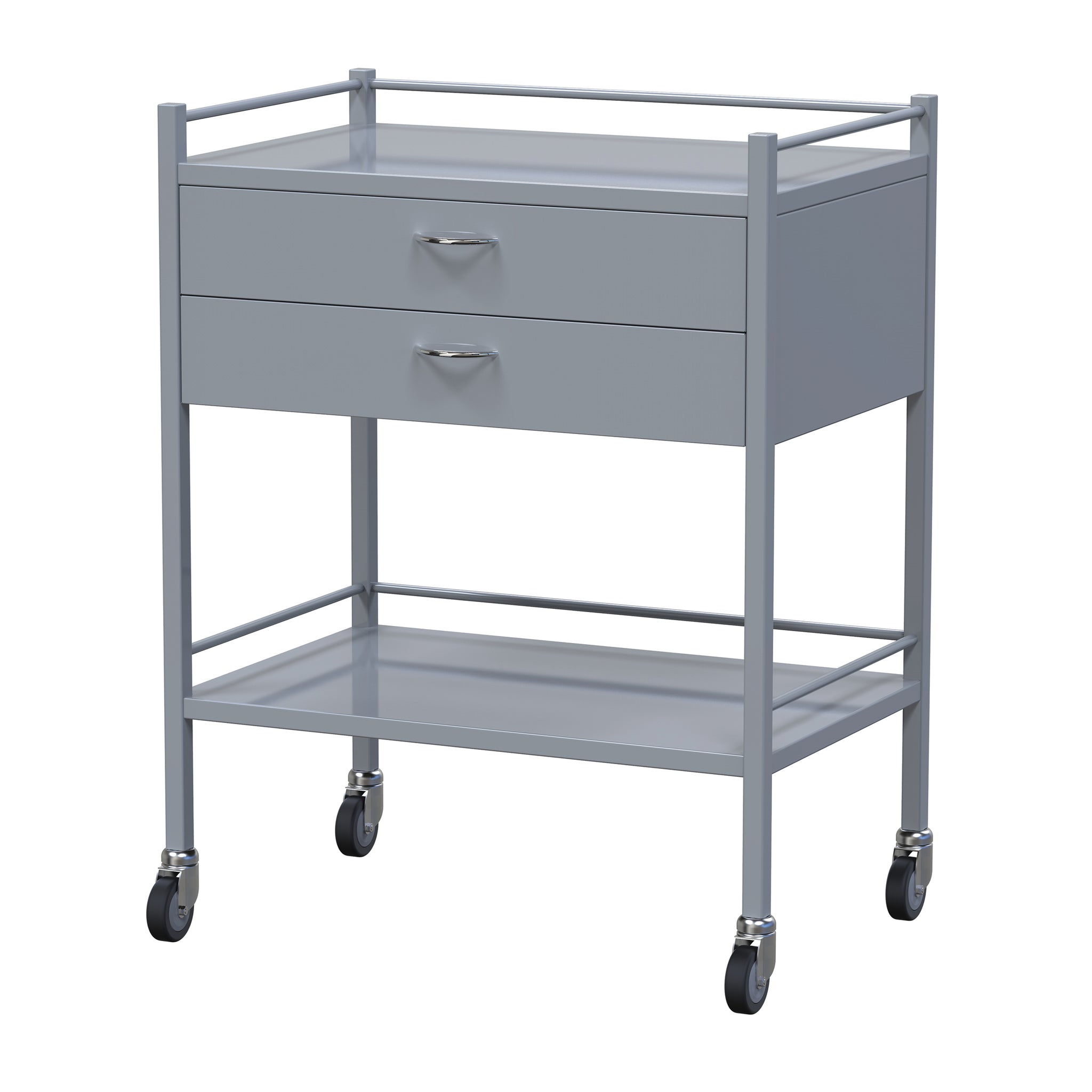 INSTRUMENT TROLLEY- 750 X 490 X 900MM - WITH 2 DRAWERS & RAIL - EPOXY COATED
