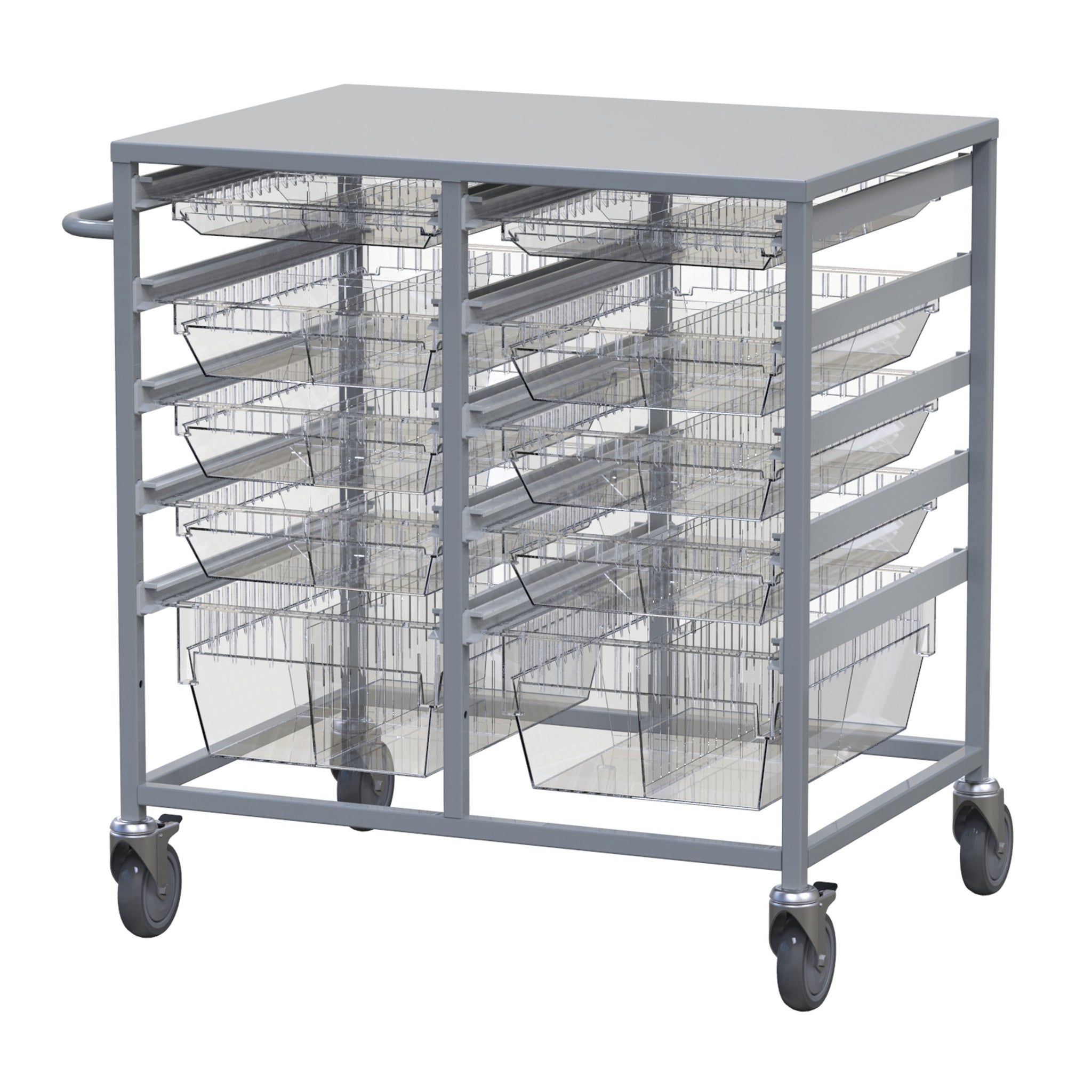 DOUBLE BAY UTILITY TROLLEY - 900 X 650 X 1000 2 X 50MM / 6 X 100MM / 2 X 200MM DEEP PERFERATED TRAYS