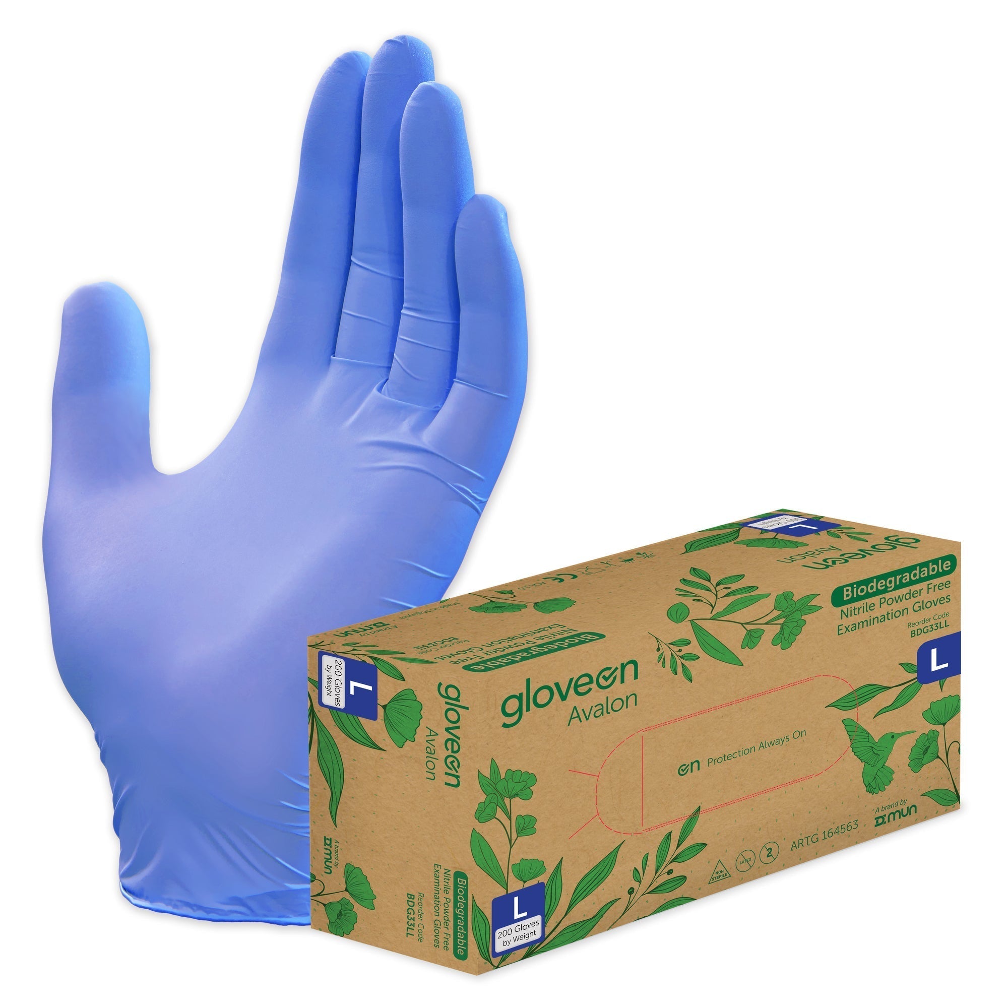 Biodegradable Nitrile Exam Gloves, Powder Free, Non-Sterile, Fingertip Textured, Standard Cuff, Violet Blue - Box of 200, L