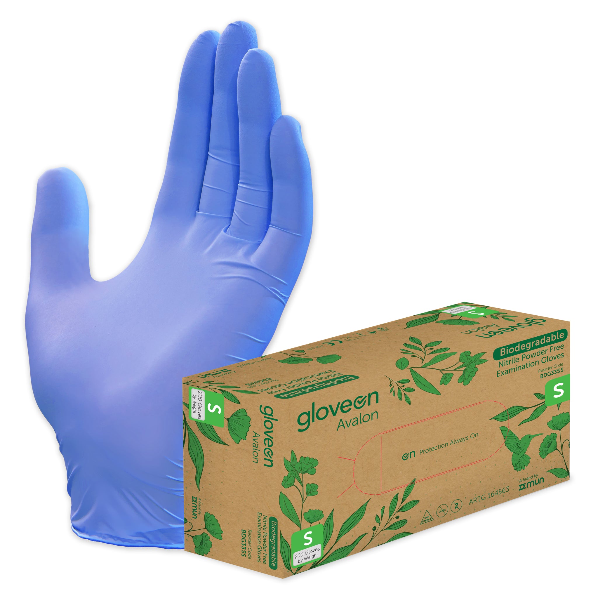 Biodegradable Nitrile Exam Gloves, Powder Free, Non-Sterile, Fingertip Textured, Standard Cuff, Violet Blue - Box of 200, S
