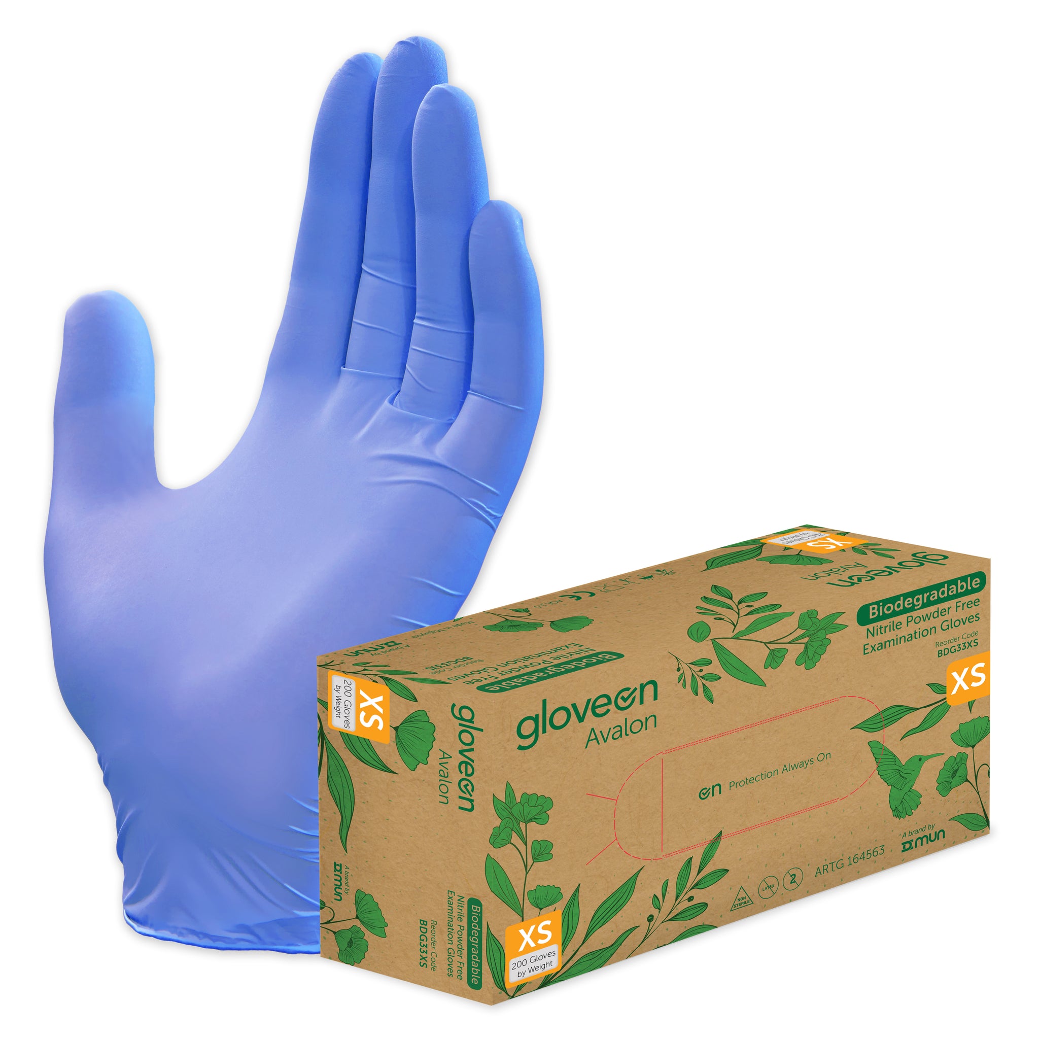 Biodegradable Nitrile Exam Gloves, Powder Free, Non-Sterile, Fingertip Textured, Standard Cuff, Violet Blue- Box of 200, XS