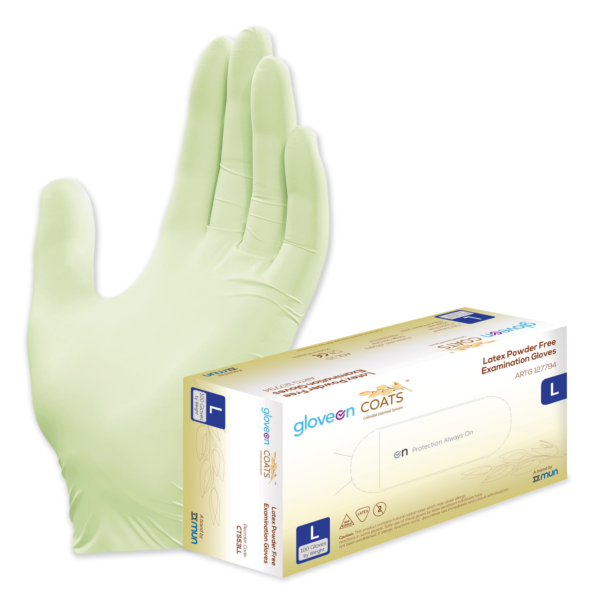 Latex Exam Gloves with Colloidal Oatmeal System, Powder Free, Non-Sterile, Fully Textured, Colloidal Oats Coated, Standard Cuff, Lime Green - Box of 100, L