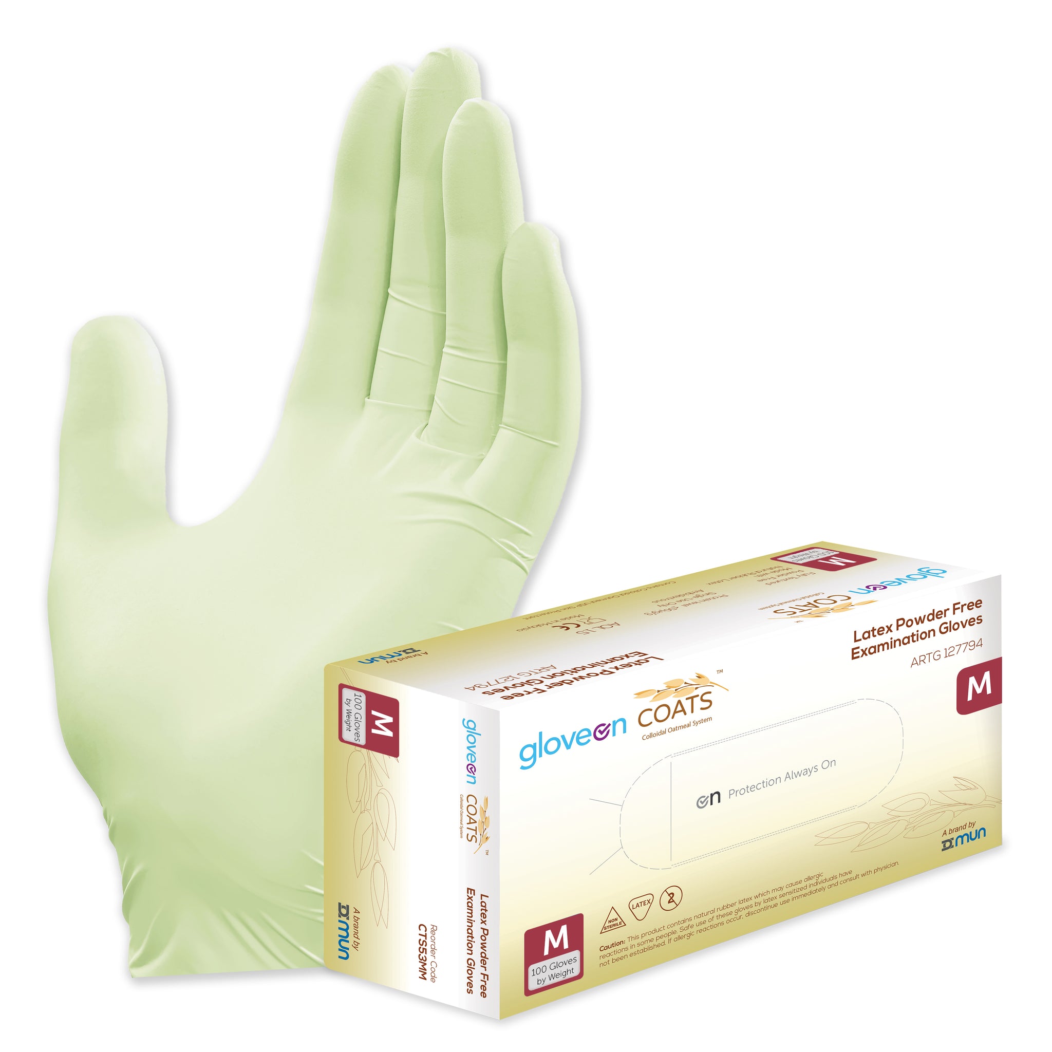 Latex Exam Gloves with Colloidal Oatmeal System, Powder Free, Non-Sterile, Fully Textured, Colloidal Oats Coated, Standard Cuff, Lime Green - Box of 100, M