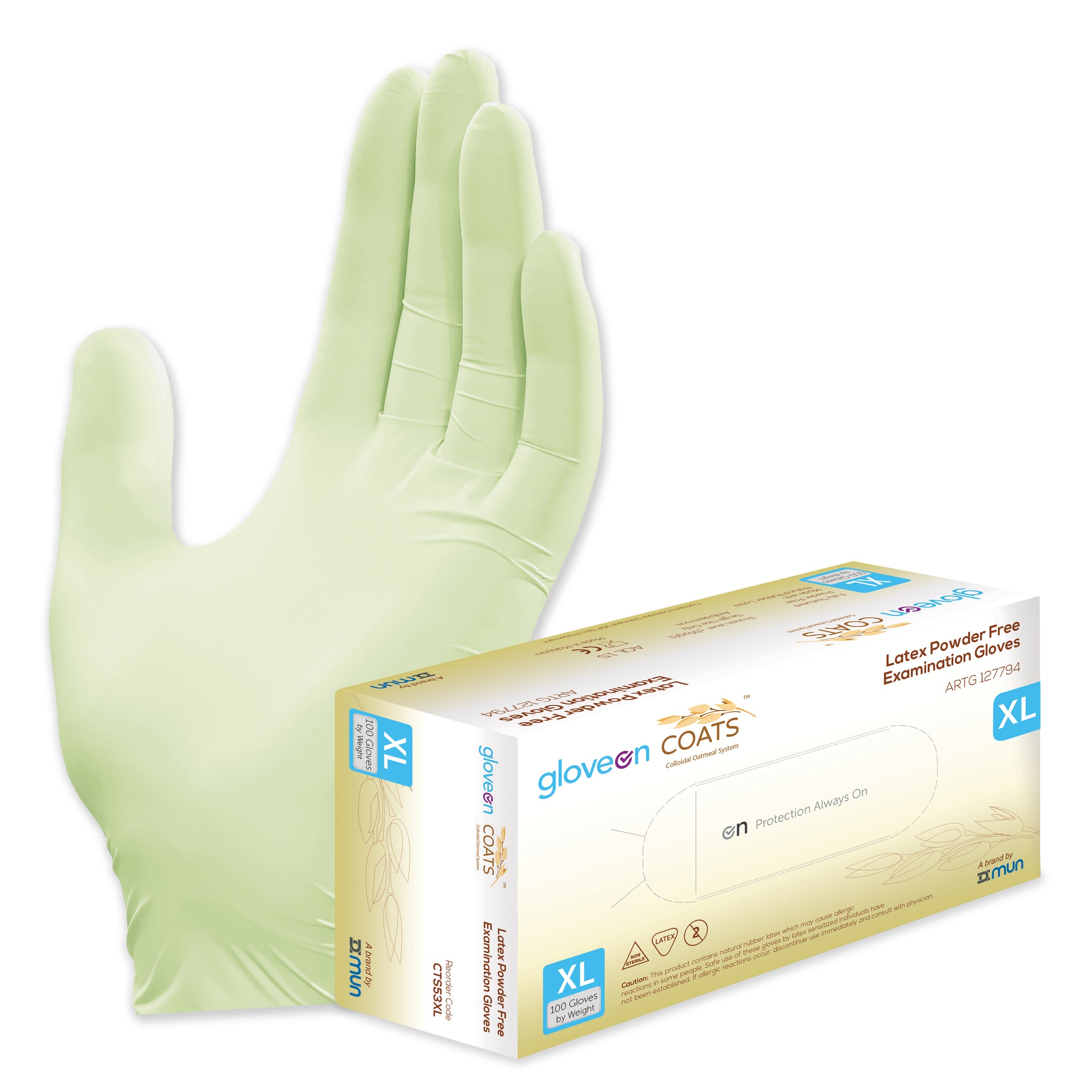 Latex Exam Gloves with Colloidal Oatmeal System, Powder Free, Non-Sterile, Fully Textured, Colloidal Oats Coated, Standard Cuff, Lime Green - Box of 100, XL