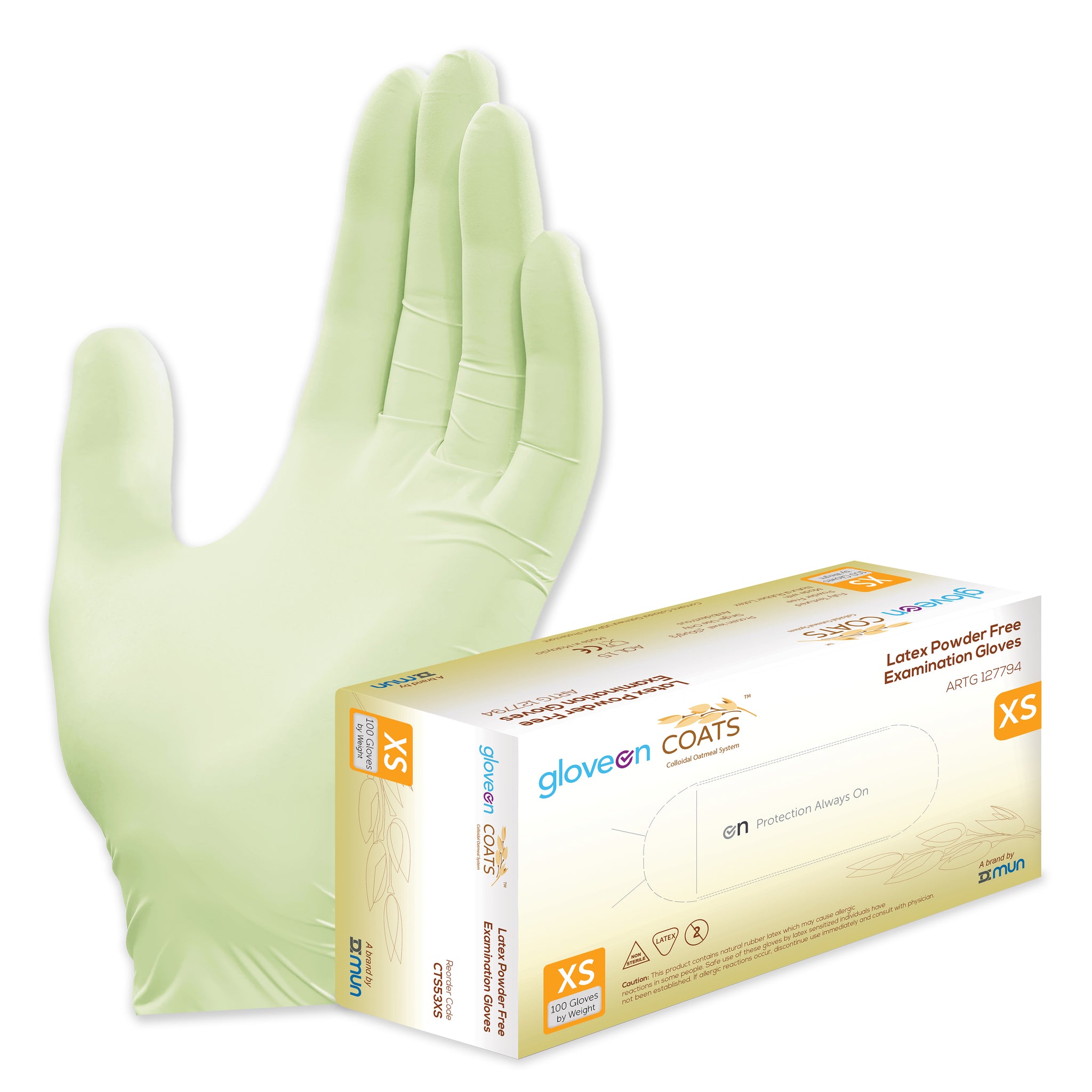 Latex Exam Gloves with Colloidal Oatmeal System, Powder Free, Non-Sterile, Fully Textured, Colloidal Oats Coated, Standard Cuff, Lime Green - Box of 100, XS