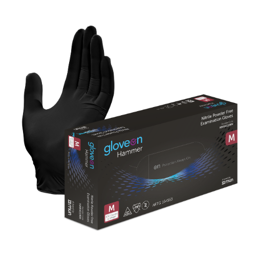 Nitrile Exam Gloves, Powder Free, Non-Sterile, Fingertip Textured, Standard Cuff, Black - Box of 100, M
