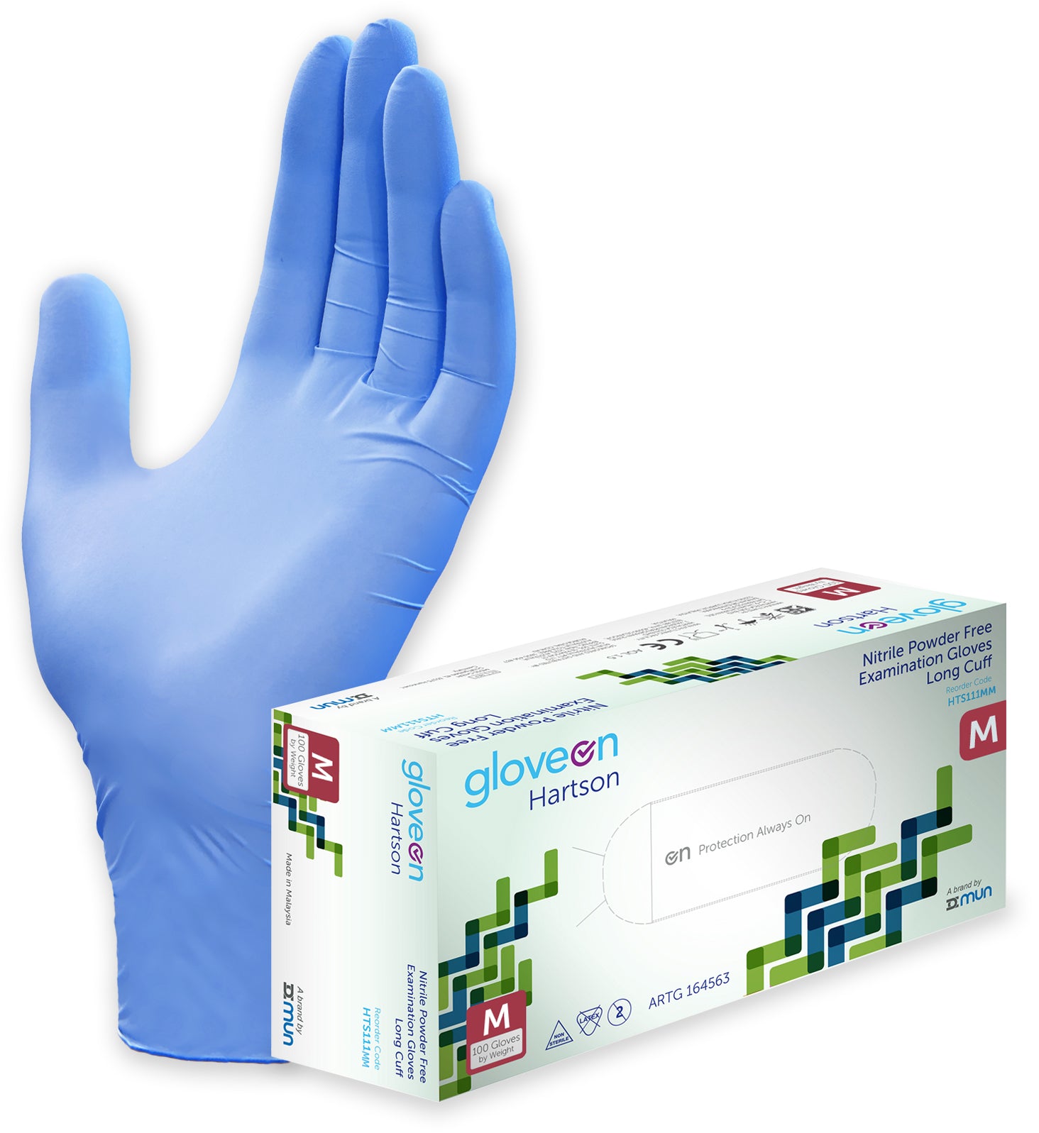 Nitrile Exam Gloves, Powder Free, Non-Sterile, Fingertip Textured, Long Cuff, Aqua Blue - Box of 100, M