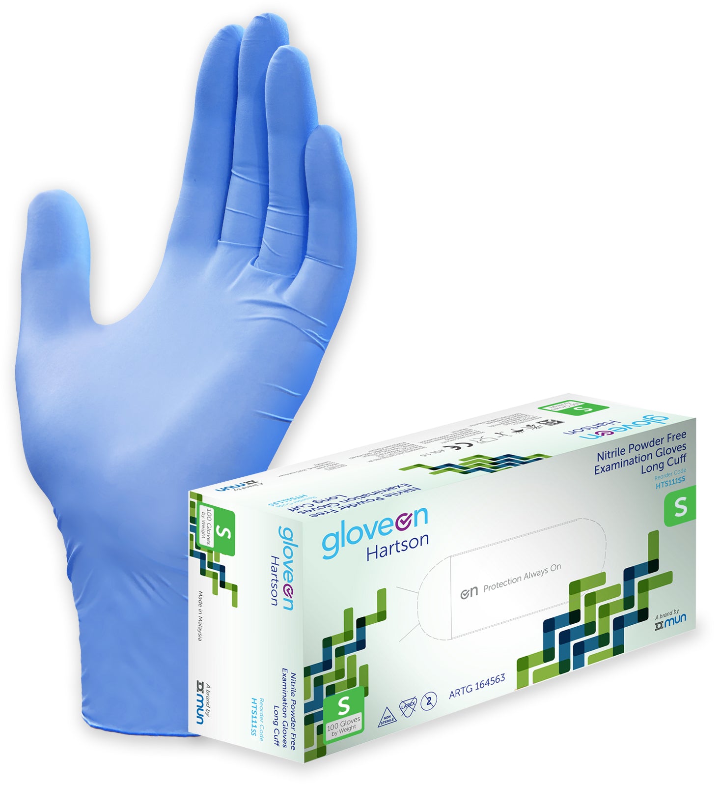Nitrile Exam Gloves, Powder Free, Non-Sterile, Fingertip Textured, Long Cuff, Aqua Blue - Box of 100, S