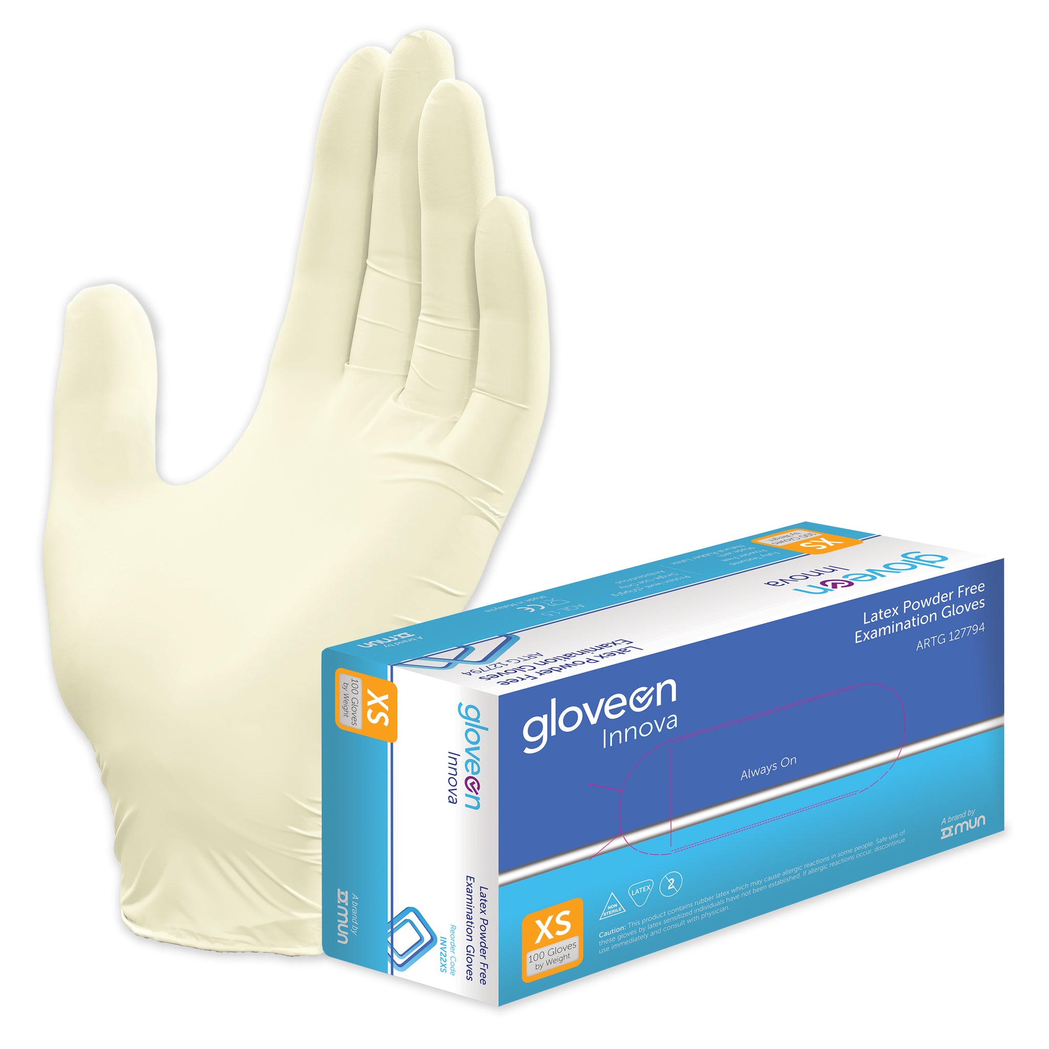Exam Gloves, Powder Free, Non-Sterile, Fully Textured, Standard Cuff, Natural Colour - Box of 100, XS