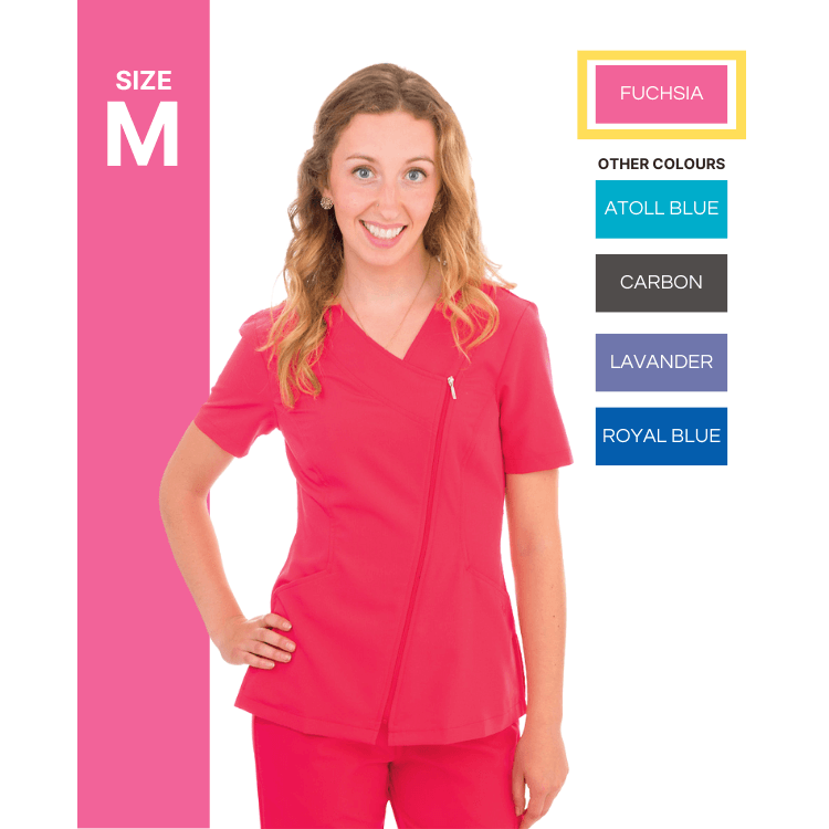 575 Excel 4-Way Stretch Asymmetrical Zipper Scrub Top- Fuchsia, Medium