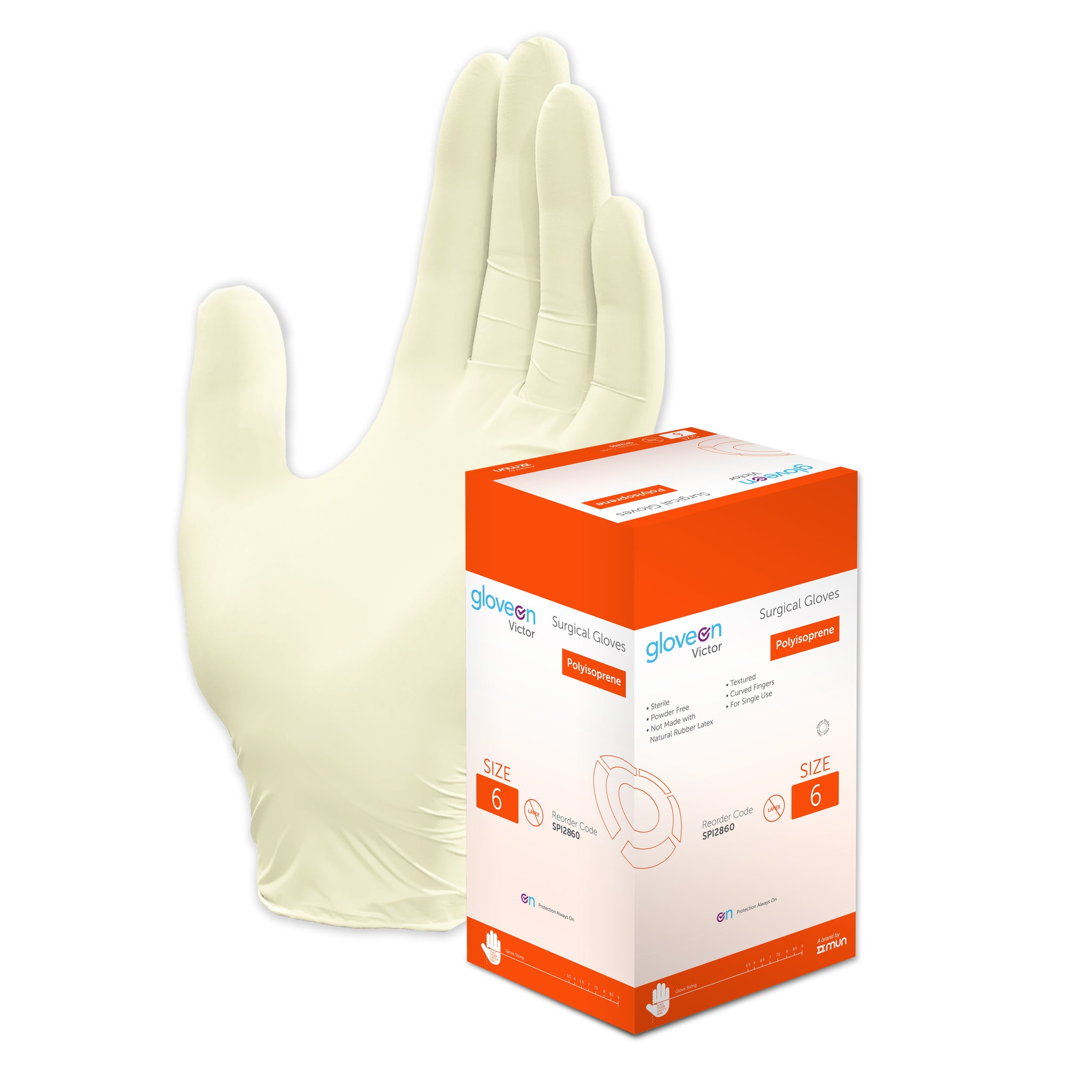 Polyisoprene, Powder Free, Textured, Curved Fingers, Sterile, White - Box of 100, 6