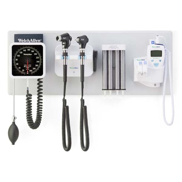 Welch Allyn 77716 Diagnostic Wall System - PanOptic Plus LED Ophthalmoscope; MacroView Plus LED Otoscope; iExaminer; 767 Aneroid Sphygmomanometer and SureTemp Thermometer